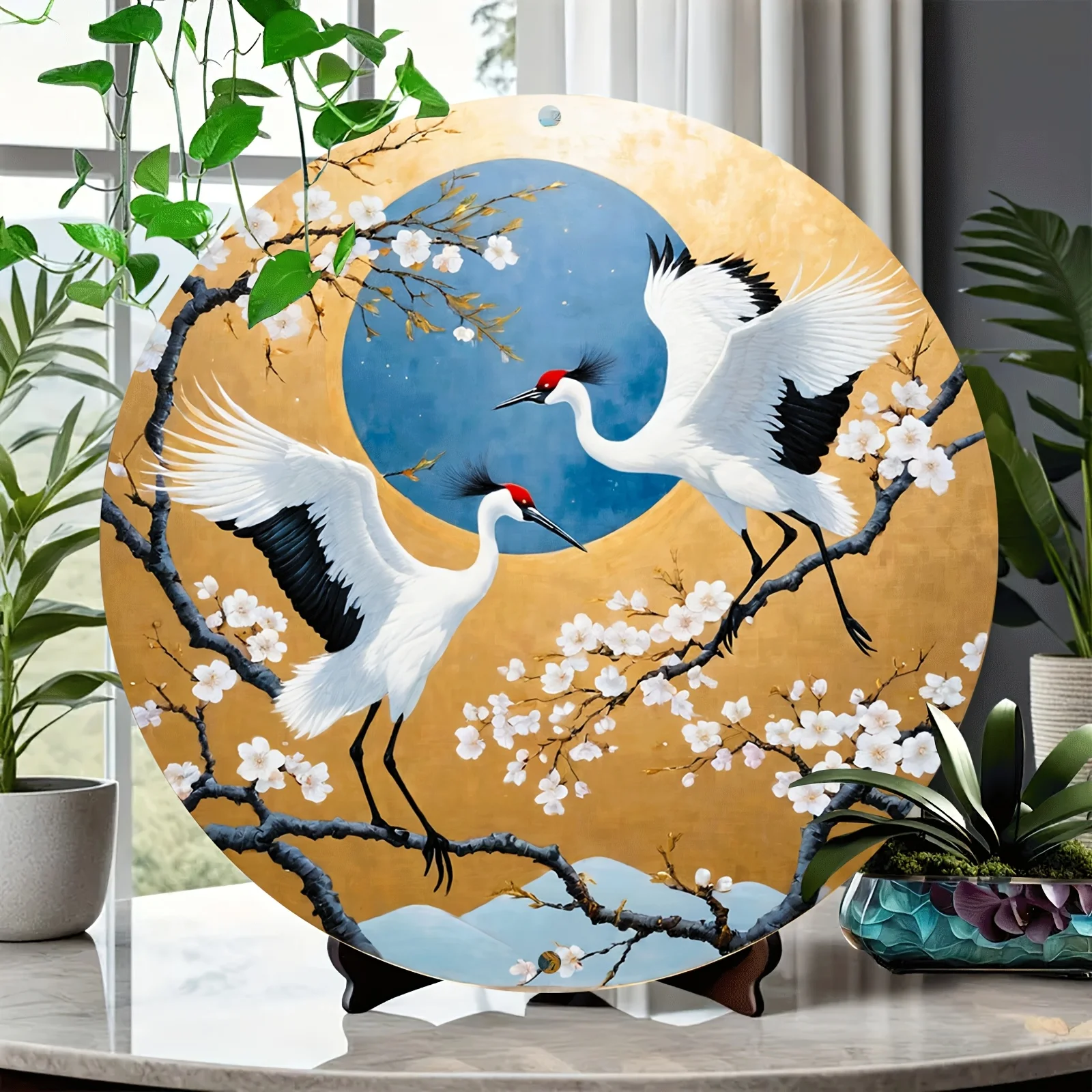 CIFBUY Waterproof Scratch Resistant Vintage 8x8 Inch Round Aluminum Wall Art Metal Sign with Ostrich Cherry Blossom Engraved