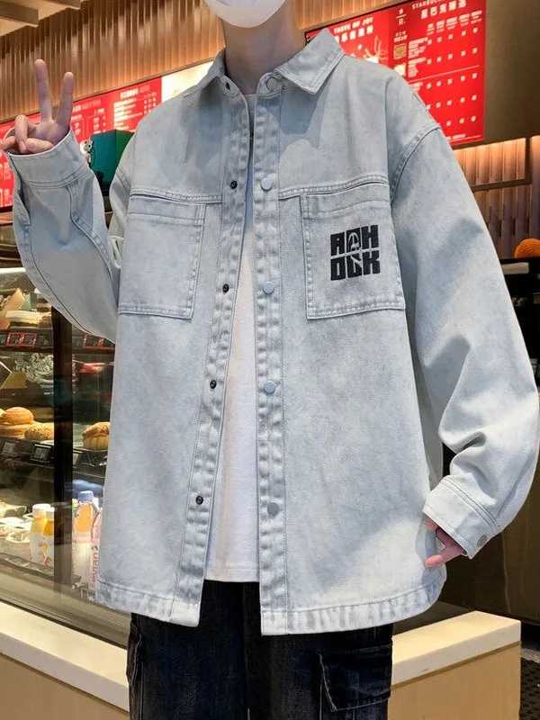 

American Sli Worn-look Jeans Jaet Men's Spring Autumn Top New Workwear irt Resistant Outerwear Long Sve Youth Faion