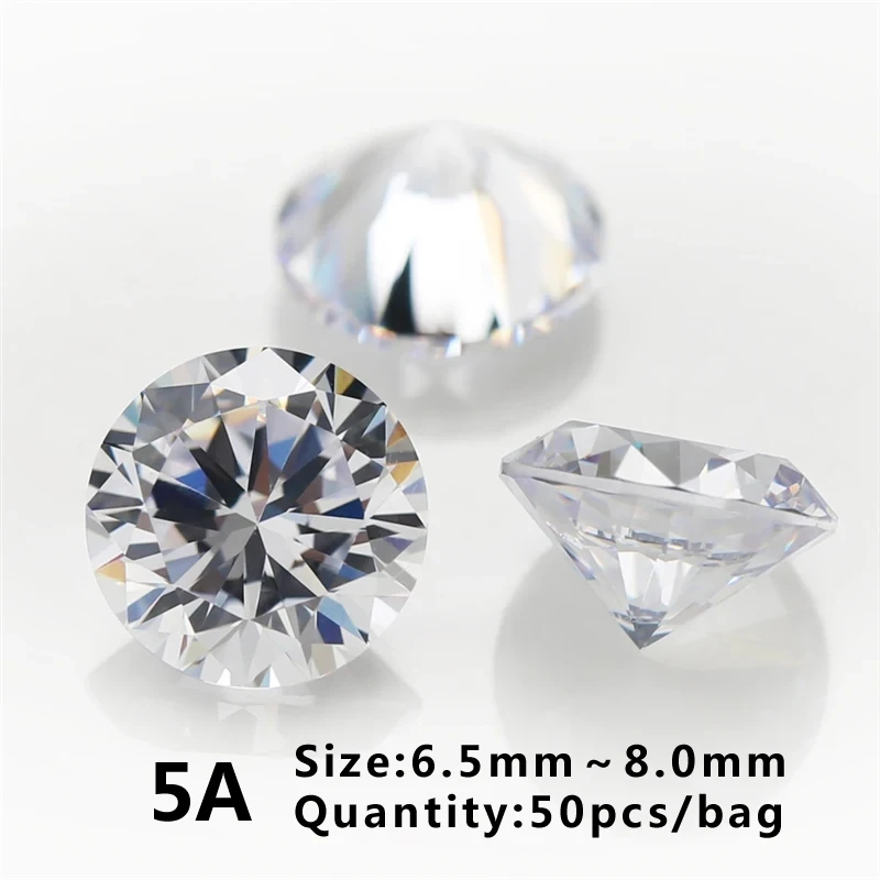 

Wholesale 6.5~8.0mm 50pcs/bag 5A Grade White Zircon Stone Brilliant Round Cut Cubic Zirconia Stones For Jewelry Making DIY