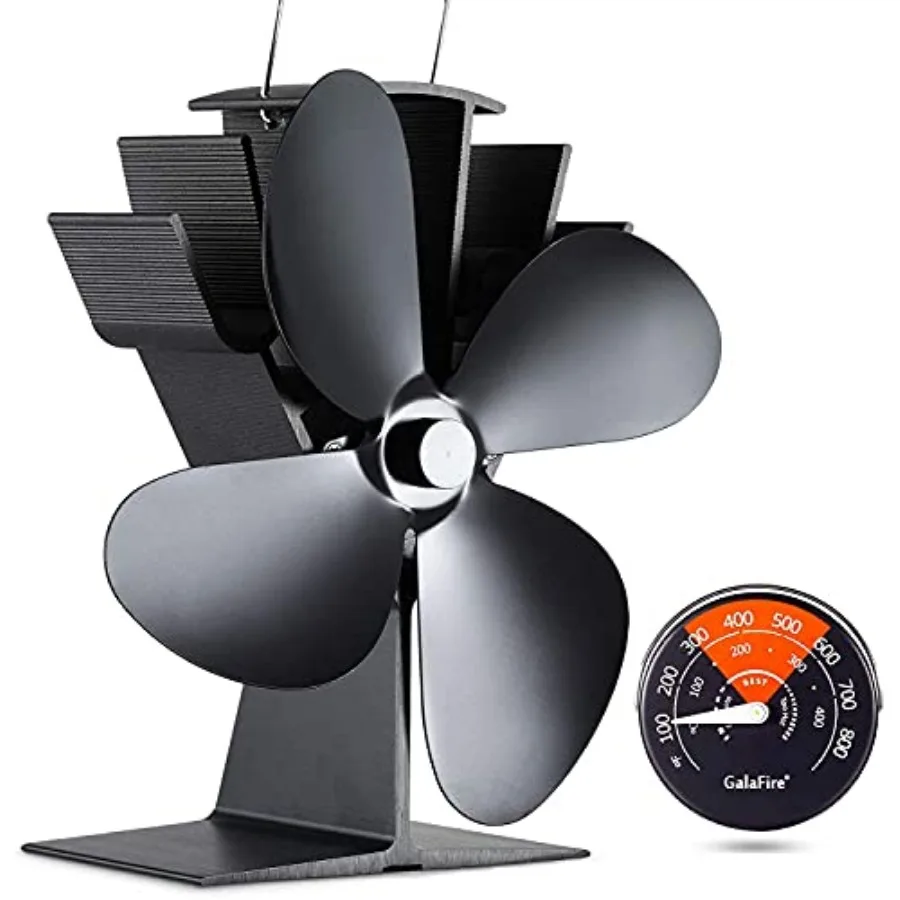 4-Blades Heat Powered Wood Stove Fan + Magnetic Thermometer, 122°F Start Non Electric Eco Fireplace Fan for Gas/Pellet/Log/Wood