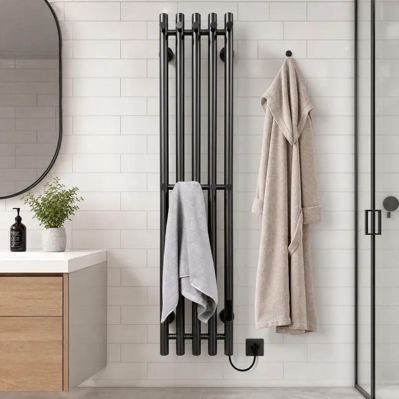 Smart Electric Towel Warmer Vertical Heating Rail with Hooks Gray Bathroom Dryer Rack Intelligent Timer Constant Temperature