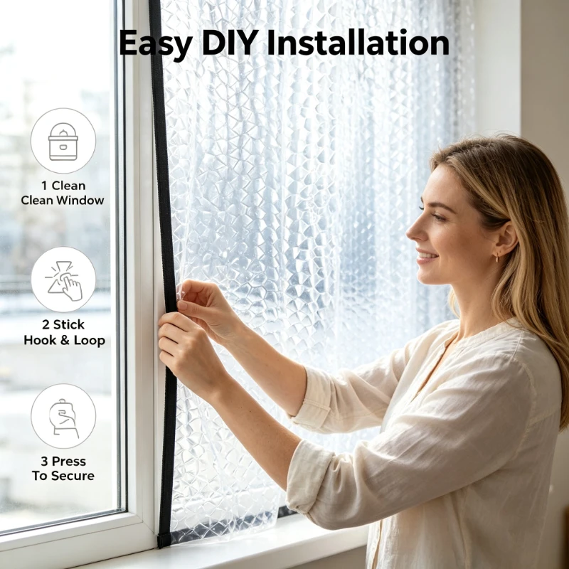 Cortina de Sellado Transparente para Ventanas de Invierno, Autoadhesiva, a Prueba de Viento y Frío, Cubierta Térmica Antiviento