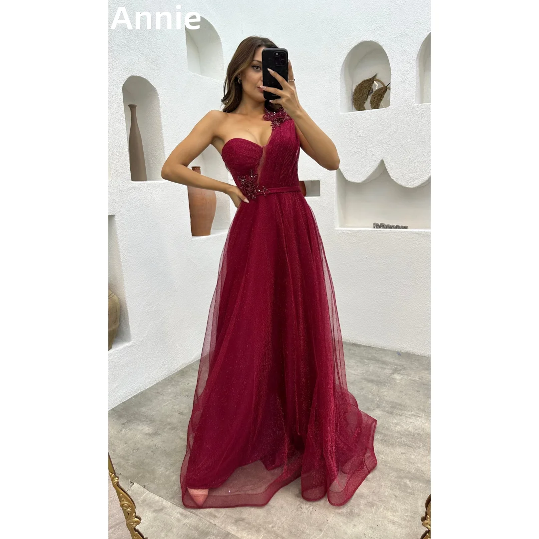 Annie Deep Red Shoulder Prom Dresses Glitter Embroidered Beads Evening Dresses A-shaped Glitter Tulle Edding Wedding Party Dress