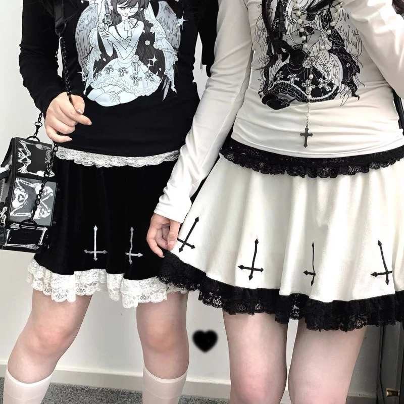 

Punk Gothic Lolita Black Short Skirt Women White Cross Embroidery Lace Trim Mini Skirt 2025 Darkly Patchwork Hot Girl Cake Skirt
