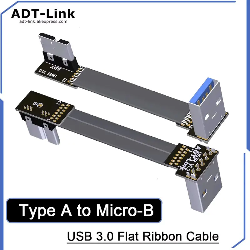 ADT-Link USB 3.0 Male to Male Flat Extension Cable Type-A to Micro-B Dual Bend Extend Adapter 5G/bps for USB Extension Device