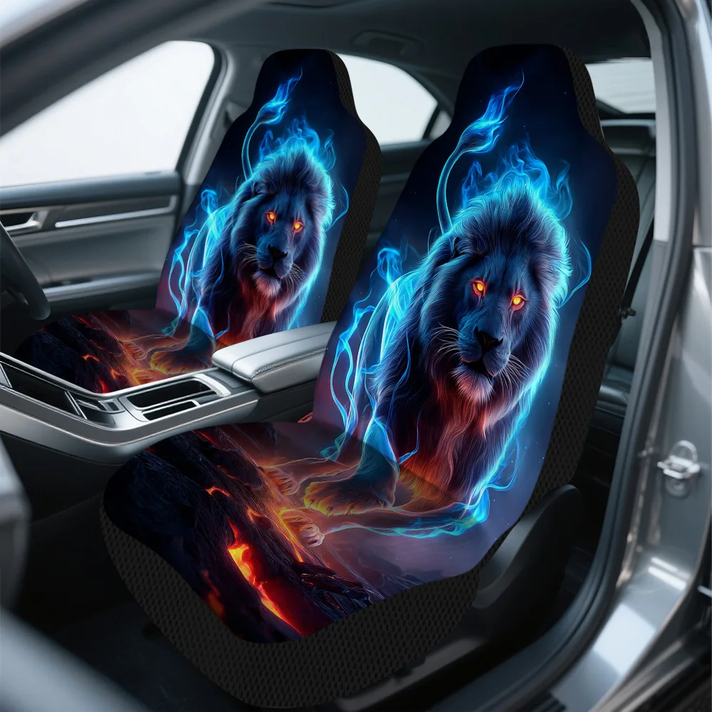 2pcs Trendy Fiery Neon Lion Stride Print Front Seat Covers | Soft And Comfortable, Universal Fit, Polyester Fiber, Machine Washa