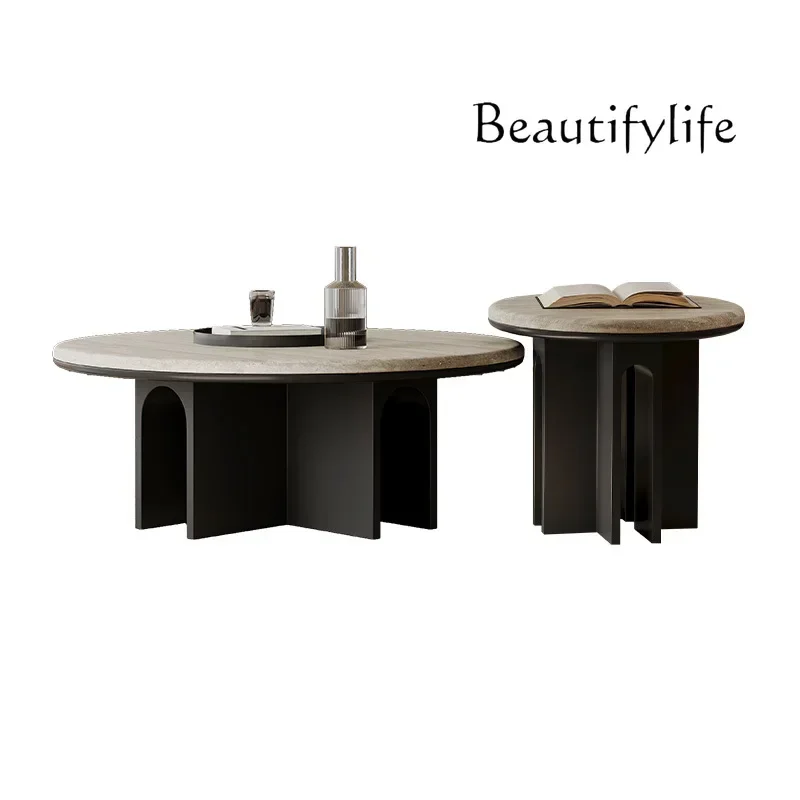 

French Cream Style Natural Cave Stone Tea Table Small Apartment Living Room Creative round Combination