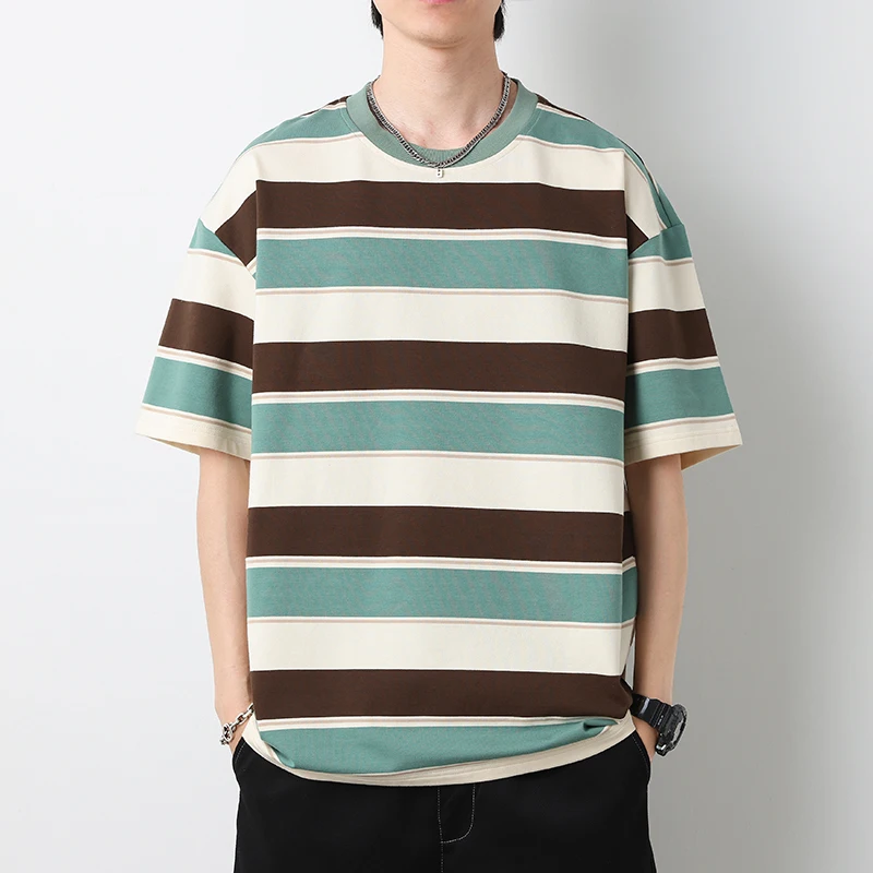 Korean Contrasting Colors Striped T-shirts Men\'s Clothing Chic O-Neck Casual Loose Summer Youthful Vitality All-match Pullovers