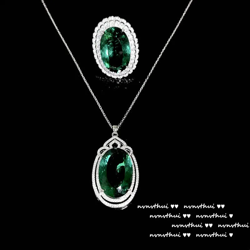 Exaggerated 12 Carat Pigeon Egg Lab Emerald Crystal Jewelry Set 925 Silver Color Green Cubic Zirconia Fashion Open Ring Necklace