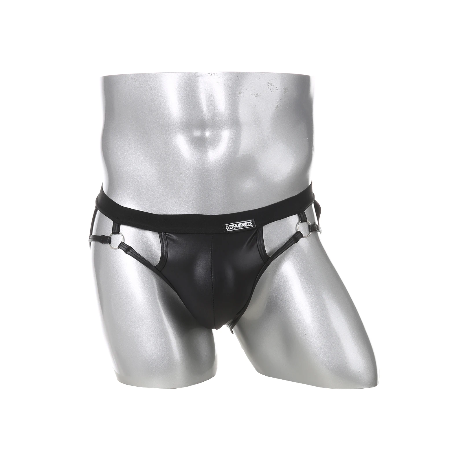 

Sexy Men's Underwear Black Faux Leather Thong Panties Bulge Pouch Erotic Lingerie Jockstrap Underpants G-string Metal Ring Decor