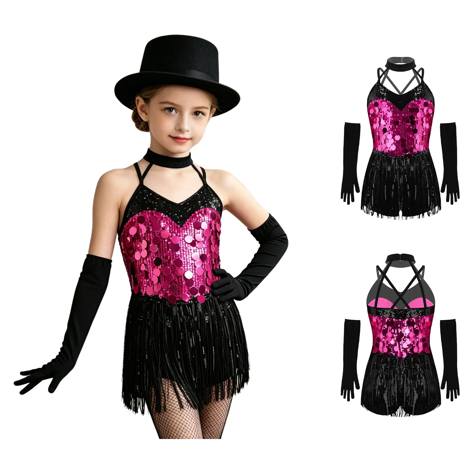 Kids Girls Latin Jazz Dance Bodysuit Cha-cha Samba Rumba Tango Ballroom Costume Shiny Sequins Tassels Leotard Dress with Gloves