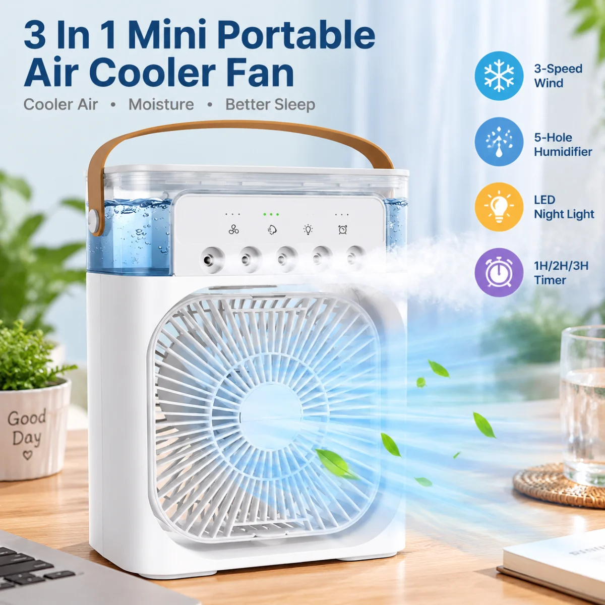 Portable 5-Hole Spray Air Cooler Fan USB Rechargeable 3 Speed Timer 7 Color Light Desktop Misting Fan for Home Office Bedroom