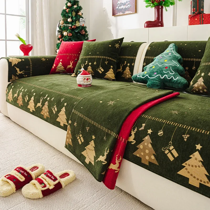 Festive Christmas Element Printed Sofa Cover Soft Cozy Corner Couch Covers for Four Seasons Holiday Anti-Skid Armchair Protector