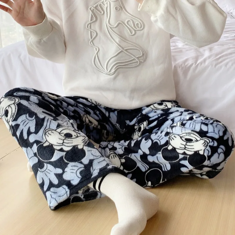 New Disney Mickey Mouse Pajama Pants Women Winter Plush Long Sleepwear Korean Fashion Cute Home Wear Clothes Y2k