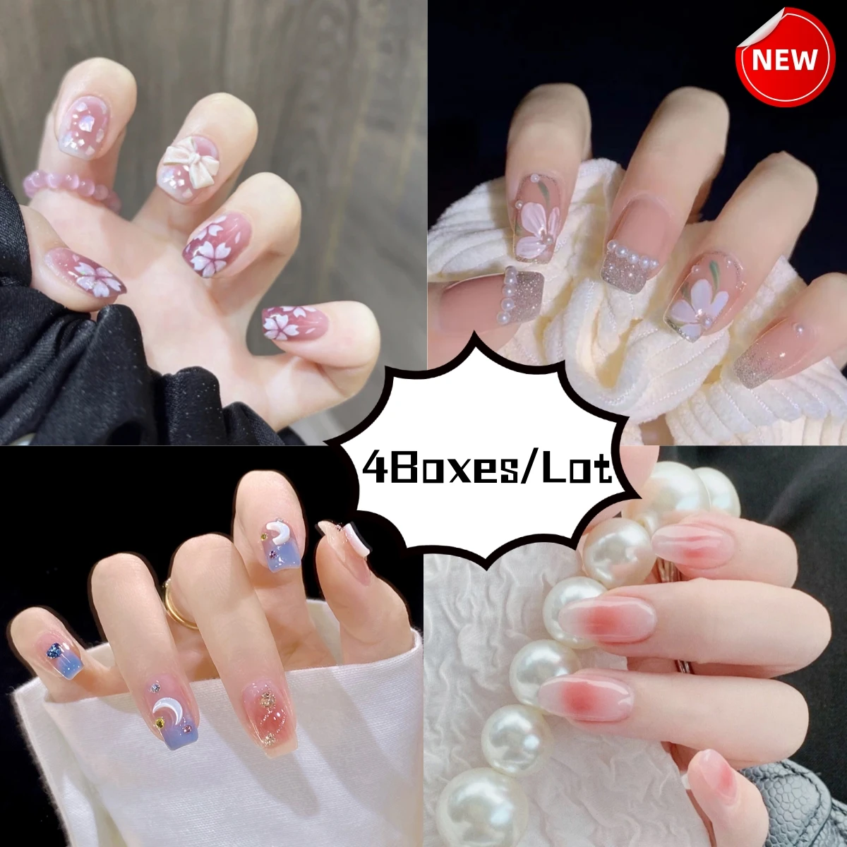 

4 Boxes/Lot Pink Cherry Blossom Butterfly Bow Tie False Nails Art Wearing Press On Nail Tips Artificial Acrylic Fake Nails Set