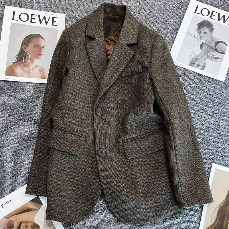 

2026 Women's Dark Brown Woolen Blazer Single-breasted Suit Jacket Autumn Winter Thick Vintage Casual Coat Lady Office Outerwear