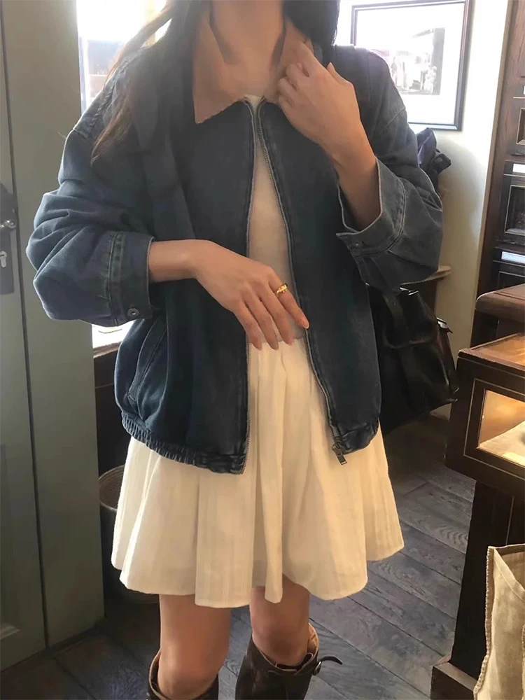 

Chic Vintage ort Casual Loose Long Sve Zipper Denim Jaet Women's Autumn New Sle Commute Sle Faionable Lapel