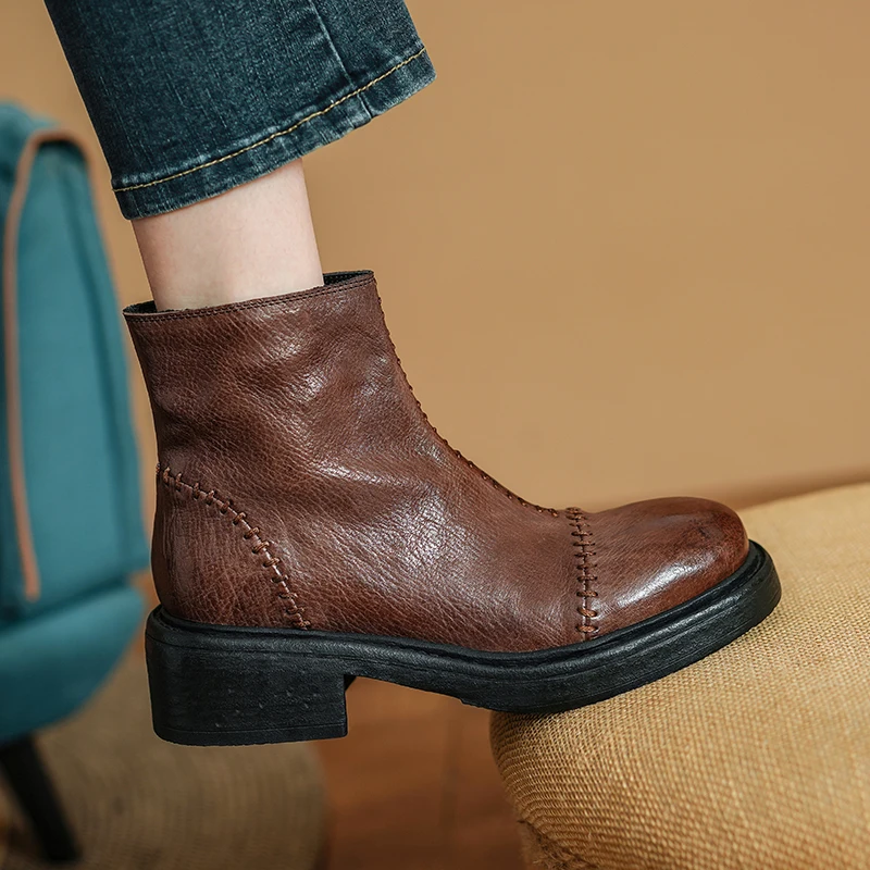 

Retro Chelsea Boots Side Zip Winter Shoes Woman Round Toe Retro Style Spring Autumn Ankle Boots Horsehide Women Boots Round Toe