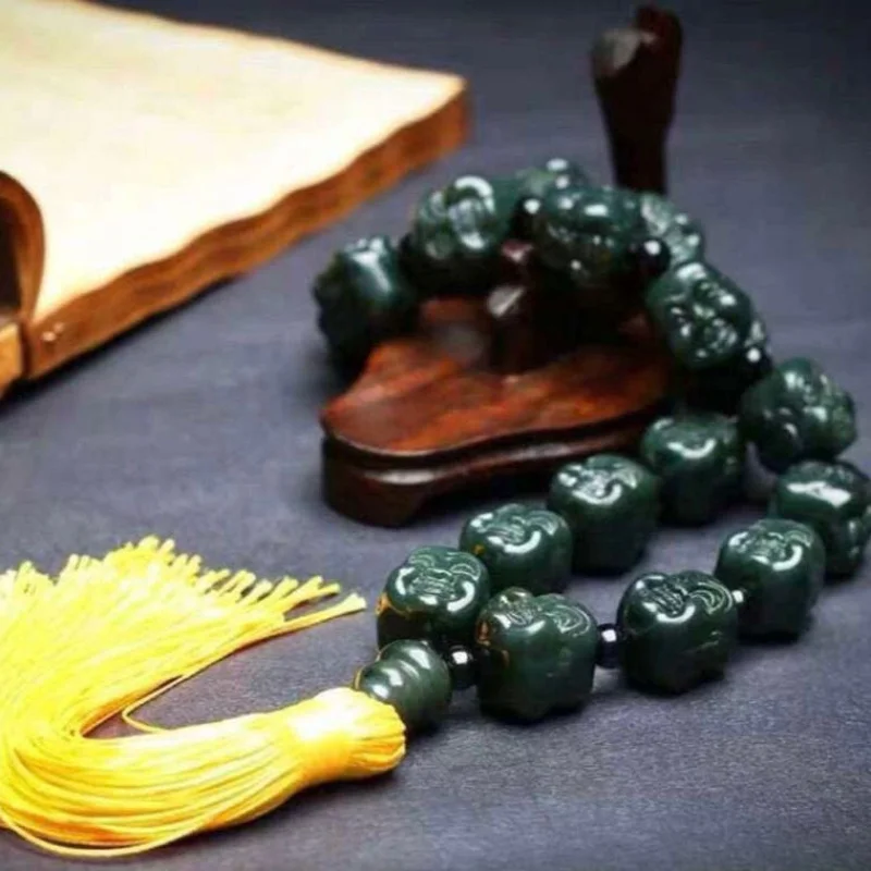 

Natural Nephrite Green Jade Buddha Head 18 Beads Tassel Bracelet Men Women Fine Jewelry Genuine Hetian Jade Buddha Bead Bracelet