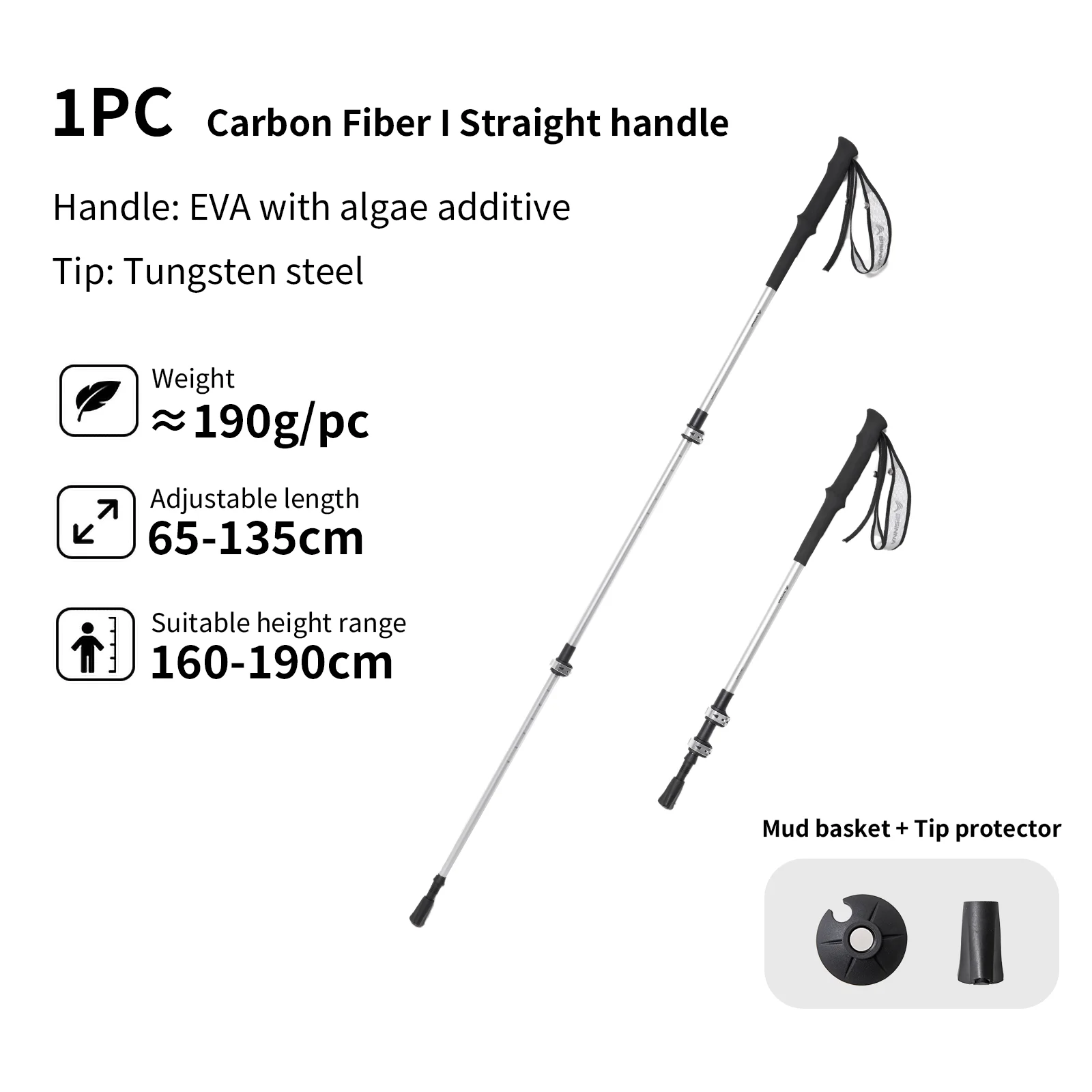 BISINNA Trekkingstok Koolstofvezel 3-delig Externe vergrendeling Wandelstok 65-135cm Outdoor Ultralight Klimstok