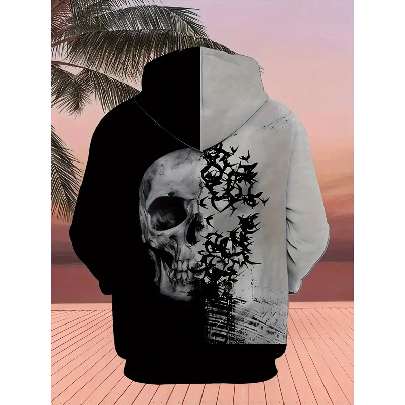 Men's Skull Floral Print Hoodie Plus Size Kangaroo Pocket Drawstring Street Casual Polyester Machine Washable Top