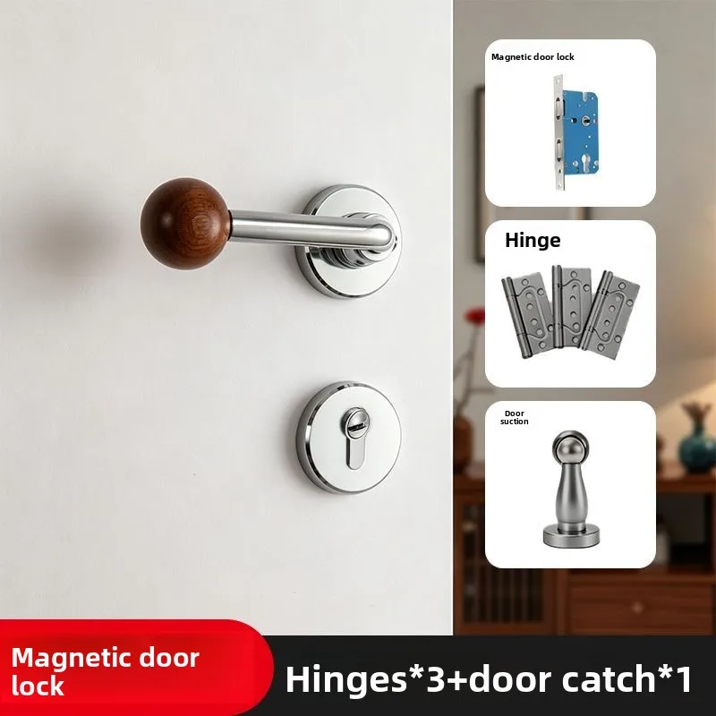 Vintage-style walnut wood magnetic silent split door lock set for bedroom, includes hinges and door catch, complete set