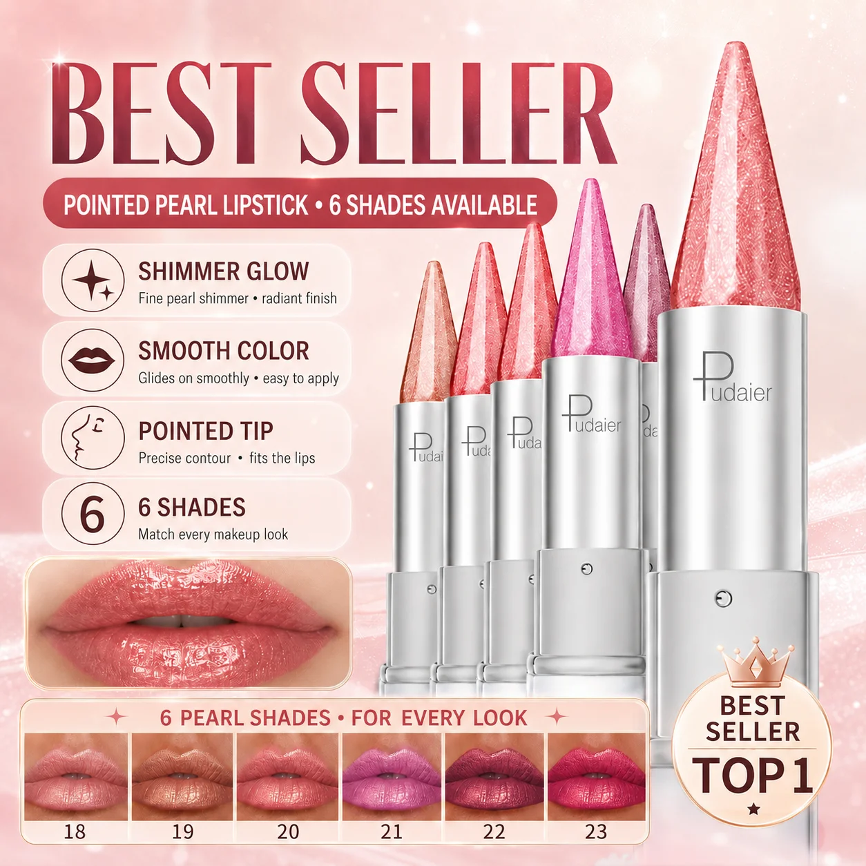 Schimmernder Lippenstift, feiner, leuchtender, rosafarbener, hautfarbener Lippenbalsam, langanhaltender, feuchtigkeitsspendender, perlmuttfarbener Lipgloss, wasserfeste Kosmetik für das tägliche Make-up – Detail 9
