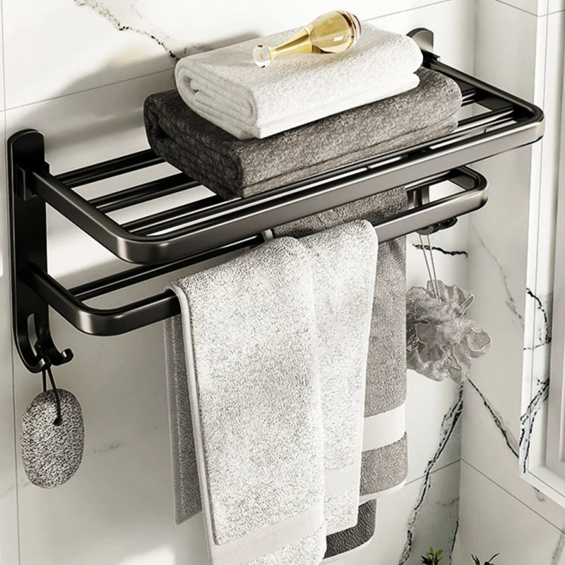 Bathroom Towel Holder no drill Black Grey Towel Rack Self Folding Holder Storage With Hook Wall Mount Bath Accessories