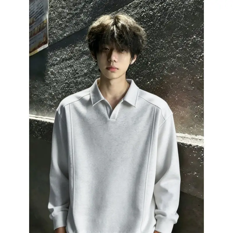 Cleanfit White Grey  Shirt Long Sleeve Shoulder Design Youthful Energy Splicing Loose Autumn Trendy Brand Turn-down Collar