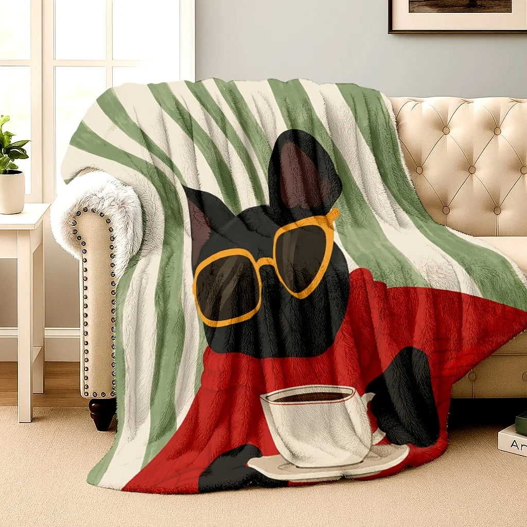 1pc Blanket, Black Poodle Drinking Coffee Striped Background All-Season, Birthday And Holiday Gift, Suitable for Sofa Bed Office