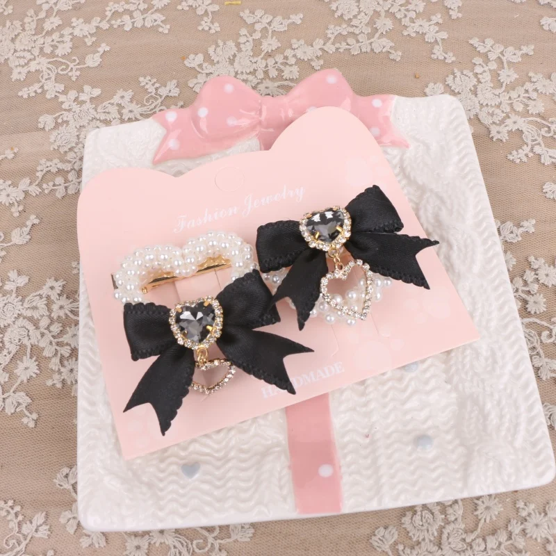 1 Pair Romantic Handmade Bow Hair Clips Lolita Pearl Heart Loria Bow Hairpins Hair y2k Accessories Jirarkei Ribbon Decor