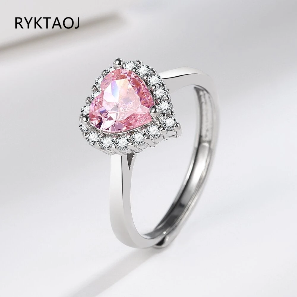 925 Sterling Silver Heart CZ Ring for Women Pink Heart‑Cut Halo Cubic Zirconia Adjustable Open Band Wedding Fine Jewelry Gift