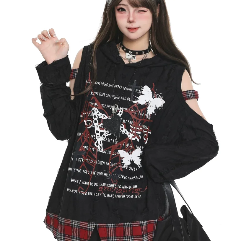 American Y2k Butterfly Letter Print Sexy Off-the-shoulder Hooded Long Sleeve T-shirt Girl Personalized Fake Two-piece Loose Tops