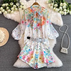 2024 Women Clothing Vintage Summer Short Suit Two Piece Sets Bandage Long Sleeve Blouse High Waist Wide Leg Pants Floral Outfits