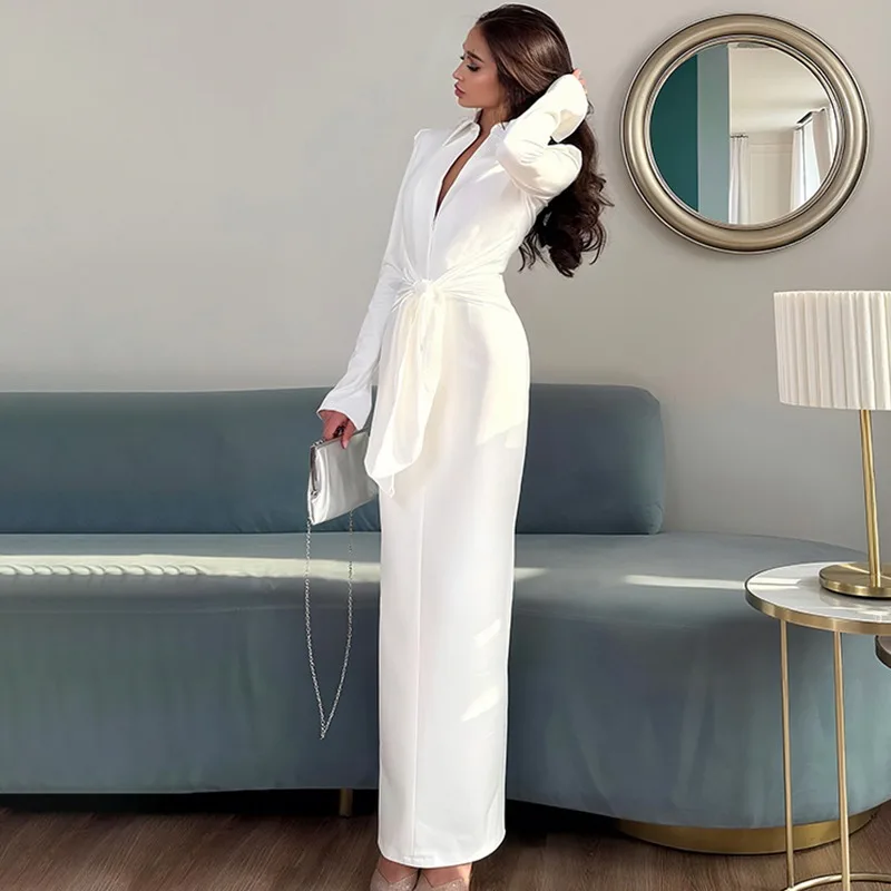 2025 nieuwe elegante effen slanke damesjurken mode lange mouwen kant-up split hoge taille lange jurk high street party damesjurk