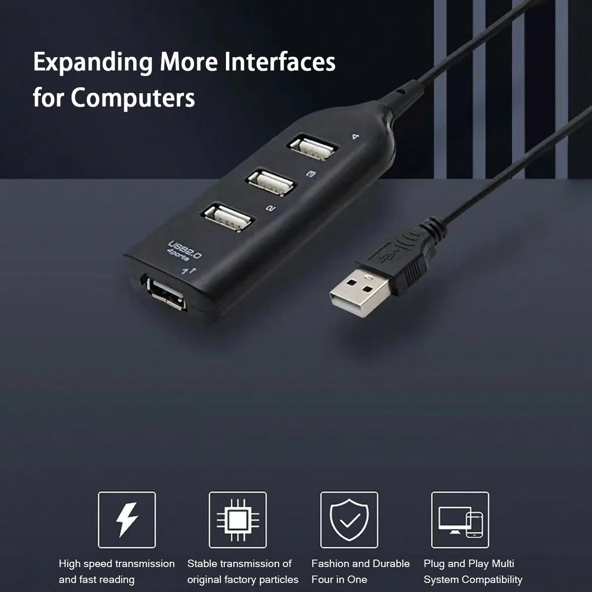 4-Port USB Splitter, One-To-Four High-Speed Transmission Hub, Hub for Laptops, USB Flash Drives, Multi-Device Expansion Converter
