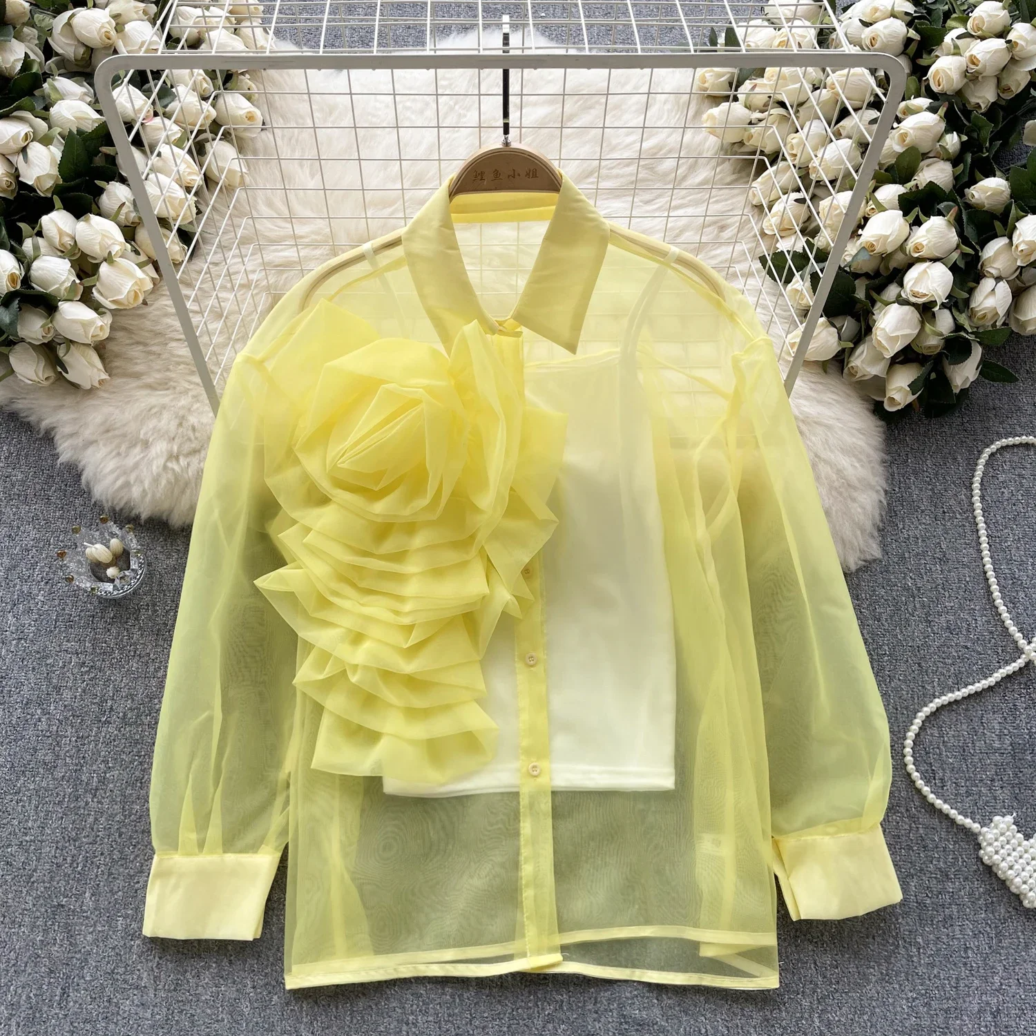 Chic Elegant Three-dimensional Floral Lapel Long Sleeve Sheer Top Vintage Korean Fairy Crop Top Autumn Women Clothing