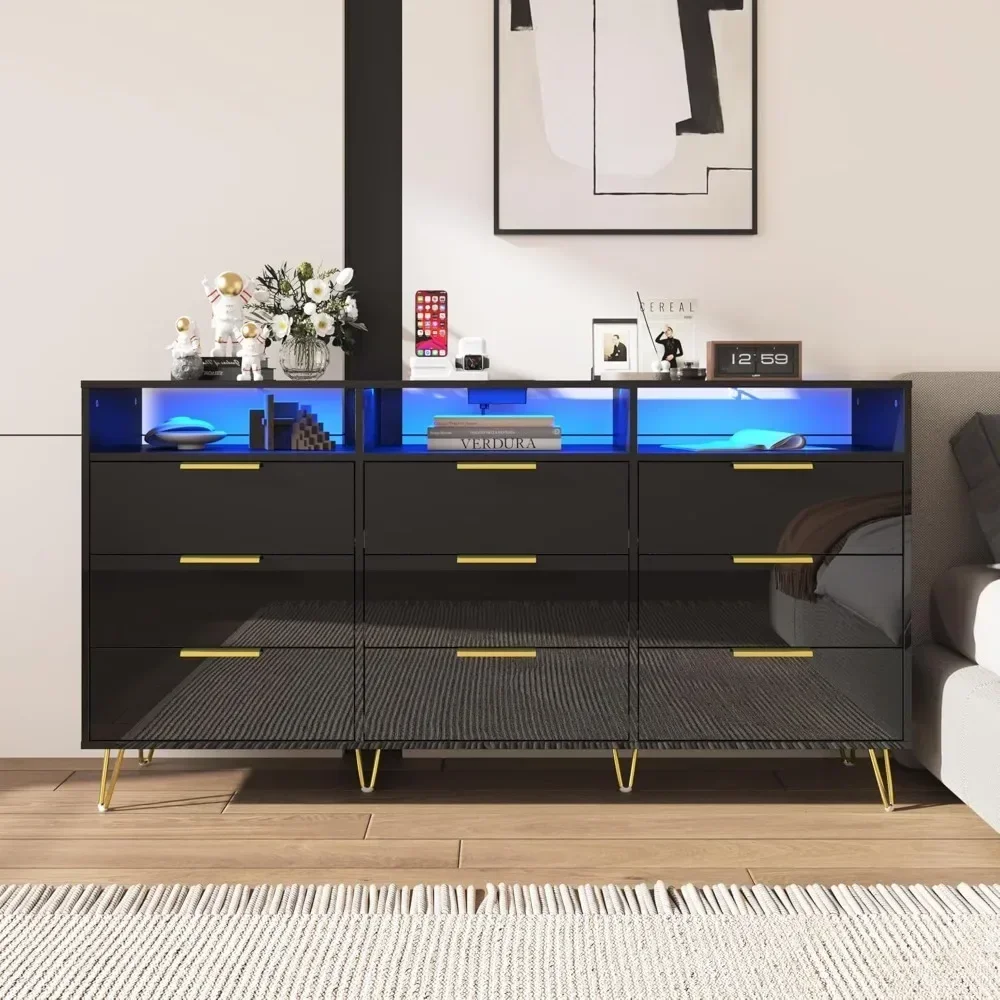 Black Dresser for Bedroom with LED Lights, 9 Drawer Dresser with Gold Legs, High Gloss Modern Wide Dressers & Chests of Drawers