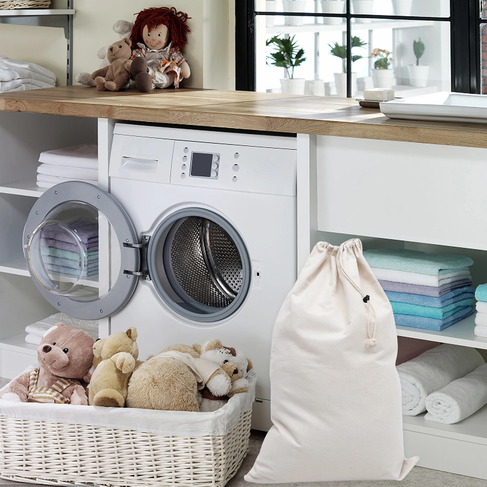 

Large Size Natural Color Canvas Laundry Bag Drawstring Storage Basket For Dirty Clothes Home Travel Camping Extra Heavy Duty