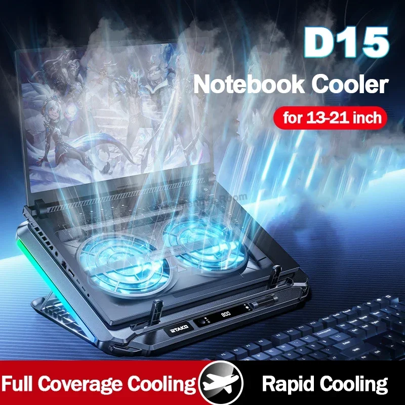 

D15 2 Fans Notebook Cooler Stand W/ RGB Light 5 Angle Adjustable Foldable Gaming Laptop Cooling Pad Heat Sink for 13-21'' Laptop