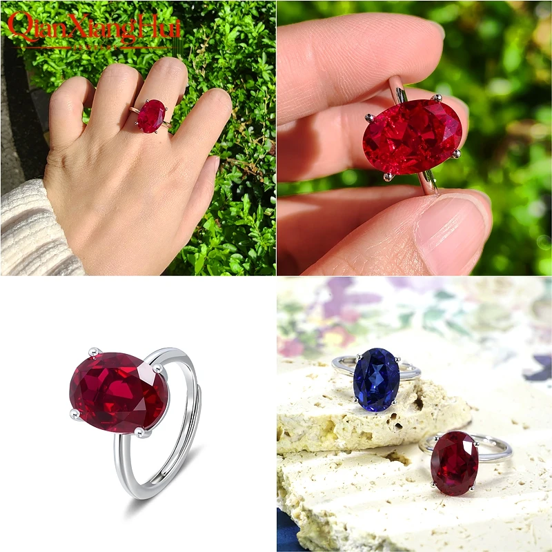 8.5ct 10*14mm Oval Cut 925 Silver Adjustable Ring Pink Pigeon Blood Red Cornflower Blue Yellow Lab Sapphire for Jewelry Dating