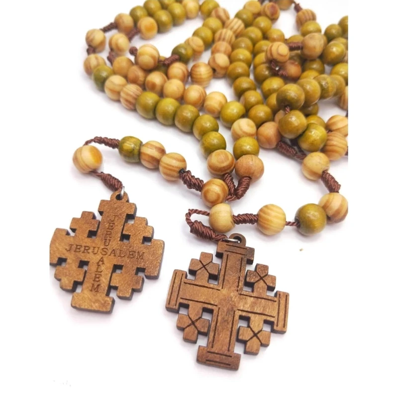 GJ Wood Beads Rosary Necklaces Catholic Jerusalem Cross Pendant Necklaces for Women Jewelry Christian Religious Gift