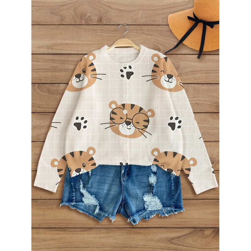 

Tiger Digital Print Women's Knit Cardigan Warm, Soft, and Loose-Fitting Round Neck, Long Sleeves Autumn/Winter Casual Wear Every
