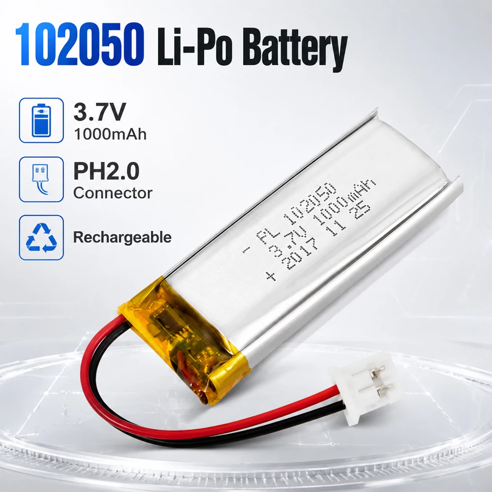 Bateria LiPo 3,7V 1000mAh, ładowalna bateria litowo-polimerowa 102050 z złączem PH2.0 do zastosowań w elektronice DIY. — zdjęcie produktu 2