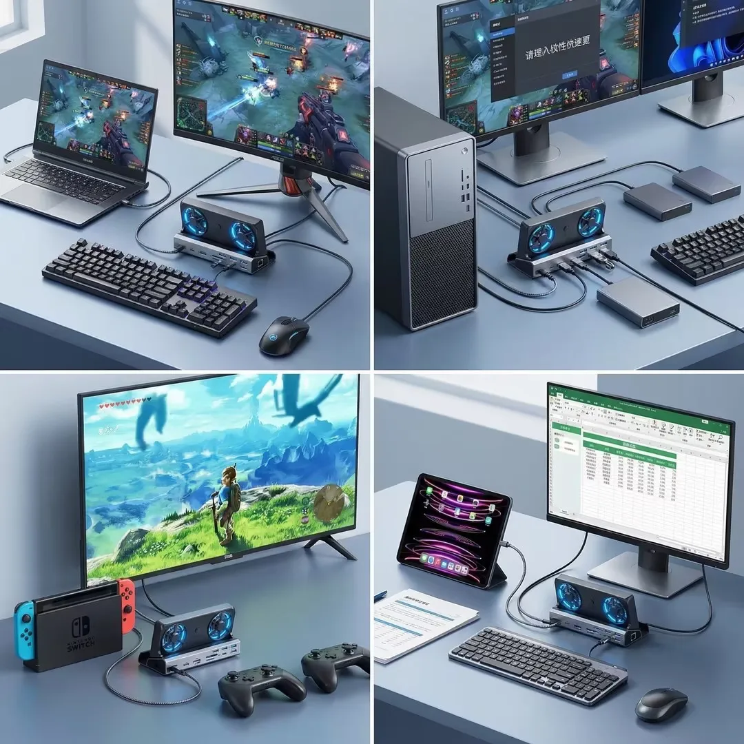 8K Game Handheld Docking Station Dual Fan One-click Screen Protection Suitable For Switch2/SteamDeck/ROG