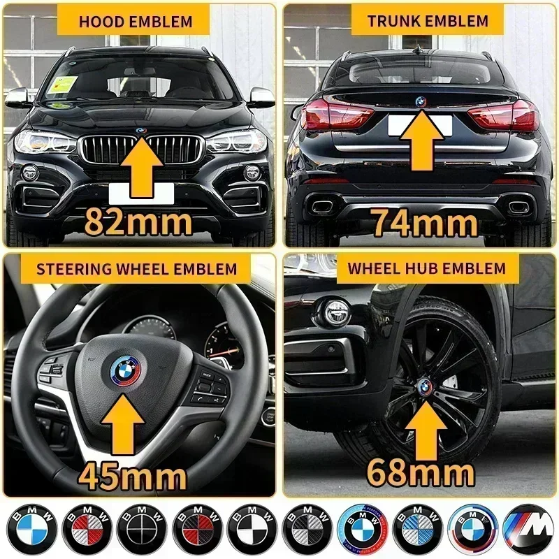 

7 шт. 45 мм 68 мм 74 мм 82 мм Эмблемы для автомобиля: передний значок на капот, задний значок на багажник для BMW E28 E32 E43 E52 E53 E63 E64 E93 E94 E87 F10 F20 F30
