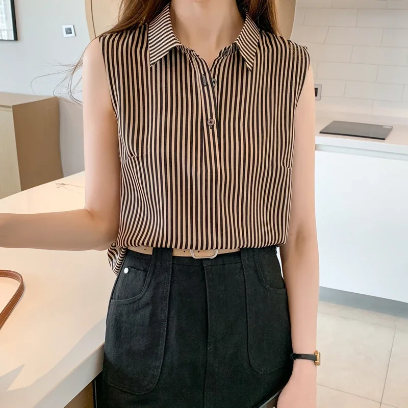 Stripe Women\'s Shirt Fashion Woman Blouse 2024 Female Clothing Sleeveless Womens Tops Elegant and Youth Woman Blouses OL Shirts