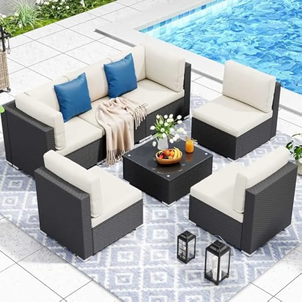 

7 Pieces Patio Furniture Set, Sectional Sofa PE Rattan Wicker Conversation Set Outside Couch with Table and Cushions