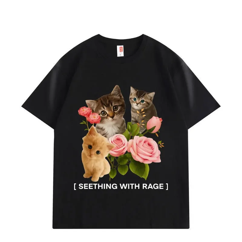 Funny Seething Wlth Rage Cat Meme T-shirt Men Women Kawai Fashion Short Sleeve T-shirts Cute Casual Loose Cotton T Shirt