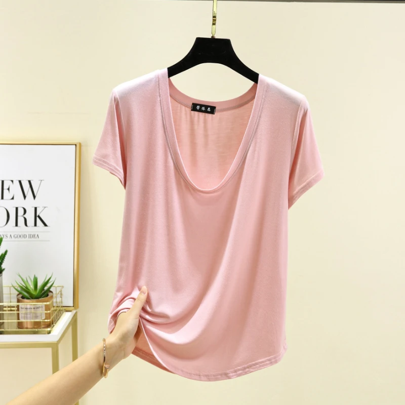 Summer Pure Color Modal Short-Sleeved T-Shirt for Women Large Size Suitable for Wearing as an Undergarment or over Pajamas view 3